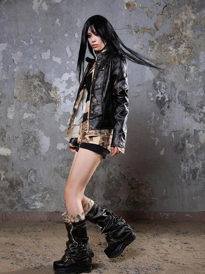 Industrial Punk Leather Jacket Set Edgy Women Winter Rockwear