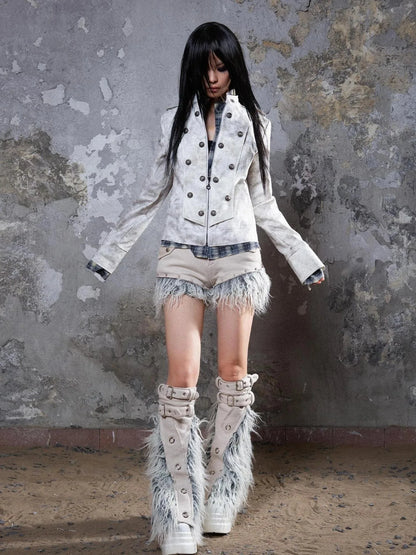 Industrial Punk Leather Jacket Set Edgy Women Winter Rockwear