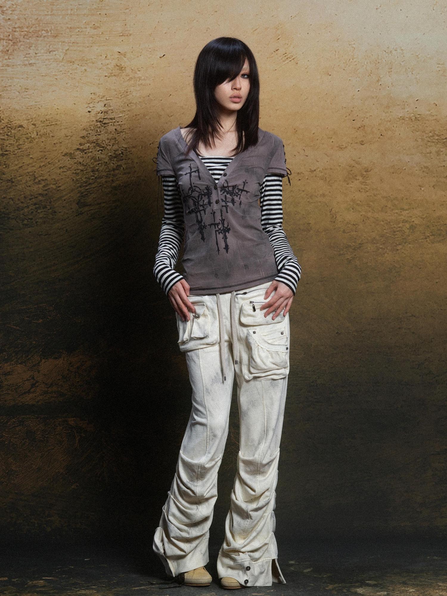 ARIADNAw Industrial Punk Pocket Pants Low Waist Loose Streetwear For Women