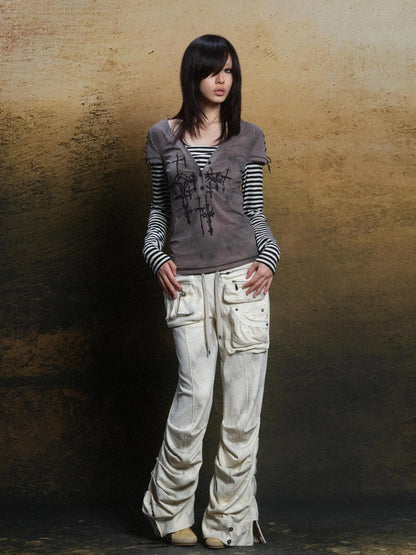 Industrial Punk Pocket Pants Low Waist Loose Streetwear For Women