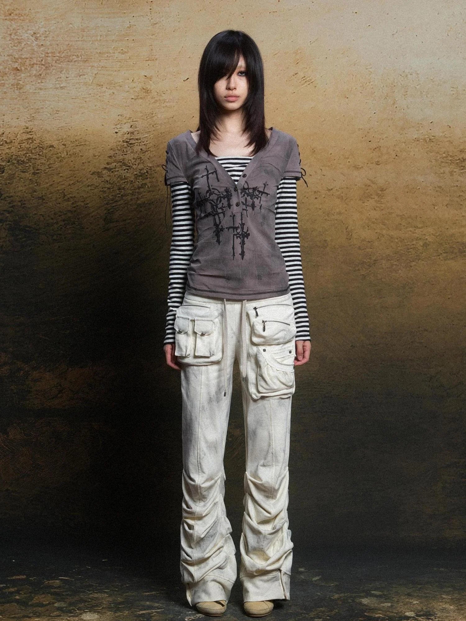 Industrial Punk Pocket Pants Low Waist Loose Streetwear For Women