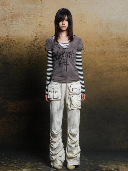 Industrial Punk Pocket Pants Low Waist Loose Streetwear For Women