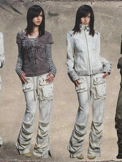 Industrial Punk Pocket Pants Low Waist Loose Streetwear For Women