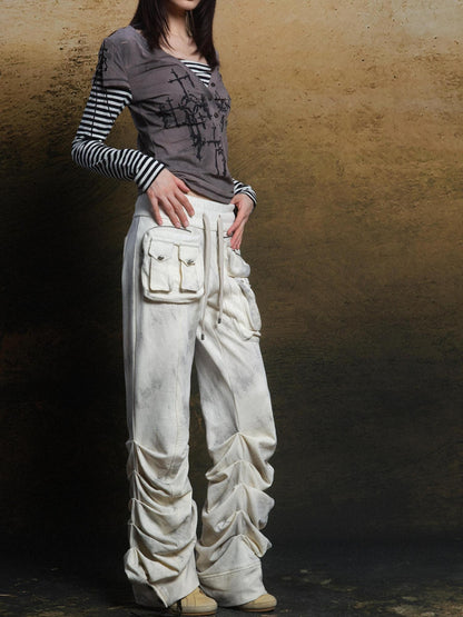 ARIADNAw Industrial Punk Pocket Pants Low Waist Loose Streetwear For Women