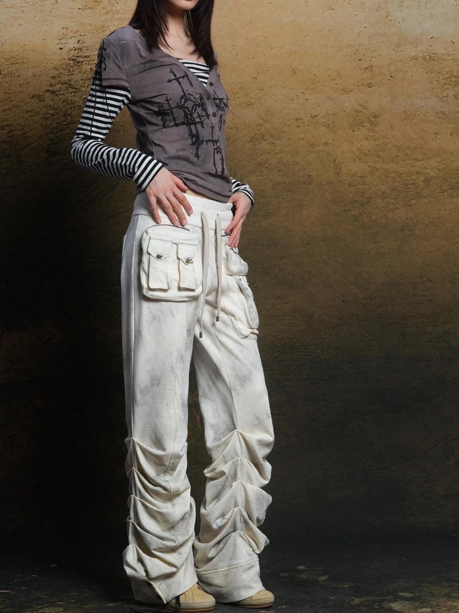 Industrial Punk Pocket Pants Low Waist Loose Streetwear For Women