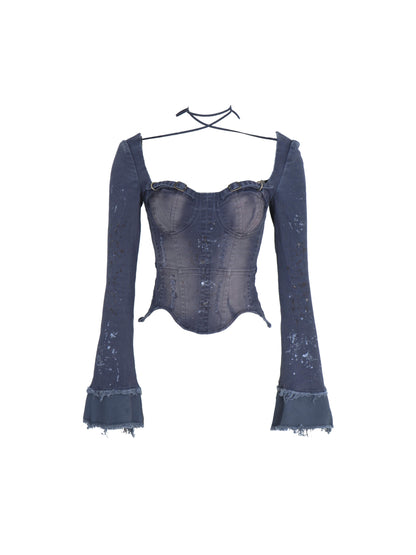 Flowers birds Market Ink Wash Blue Denim Suit