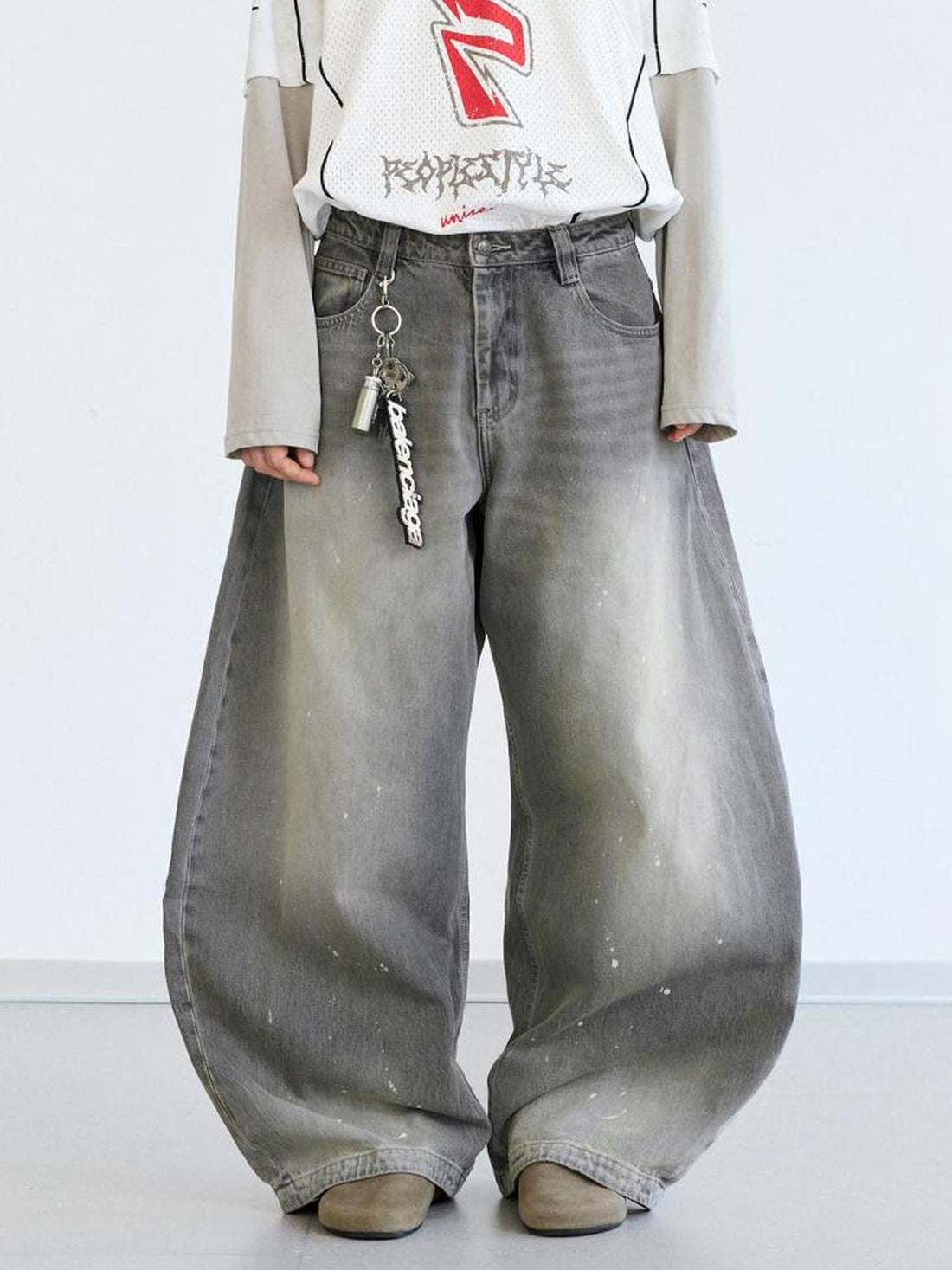 Peoplesense Ink Wash Gray Wide Leg Jeans Loose Fit 3 D Cotton