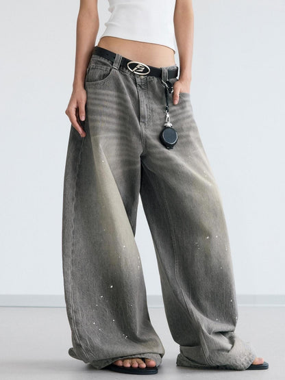 Peoplesense Ink Wash Gray Wide Leg Jeans Loose Fit 3 D Cotton