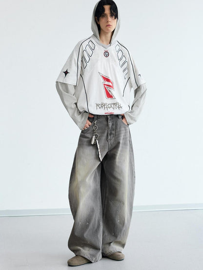 Peoplesense Ink Wash Gray Wide Leg Jeans Loose Fit 3 D Cotton