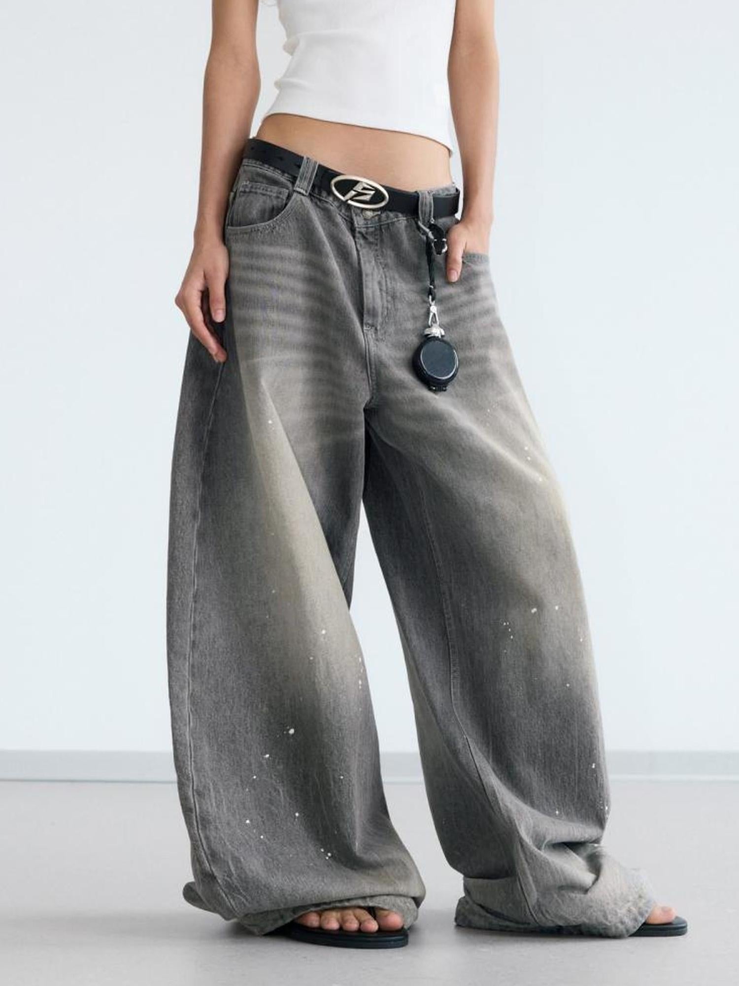 Peoplesense Ink Wash Gray Wide Leg Jeans Loose Fit 3 D Cotton