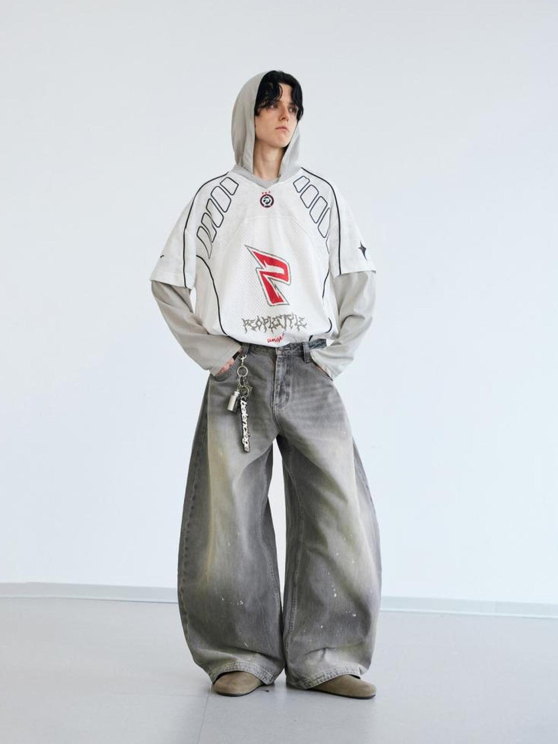 PEOPLESENSE Ink Wash Gray Wide Leg Jeans Loose Fit 3 D Cotton