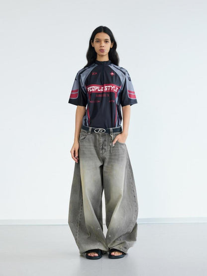 Peoplesense Ink Wash Gray Wide Leg Jeans Loose Fit 3 D Cotton