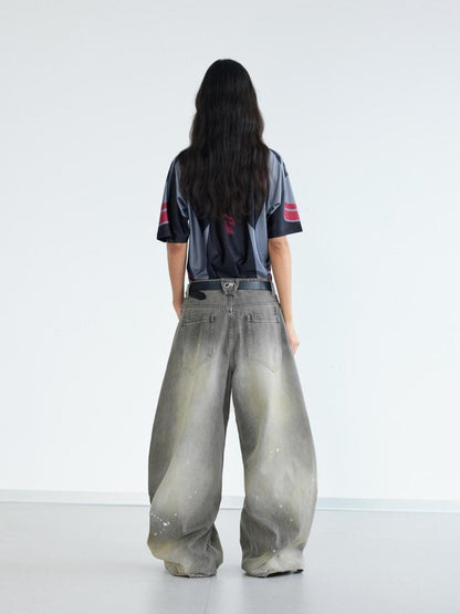 Peoplesense Ink Wash Gray Wide Leg Jeans Loose Fit 3 D Cotton