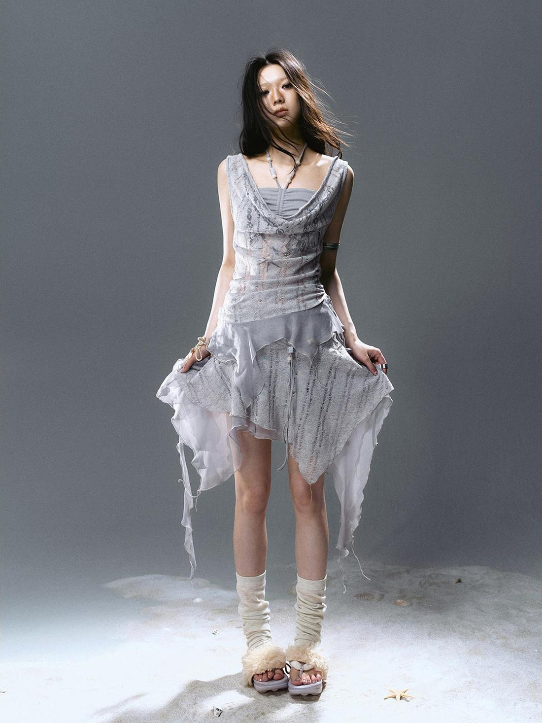 Cest Nous Irregular Hemline Denim Skirt With Beaded Lace For Women