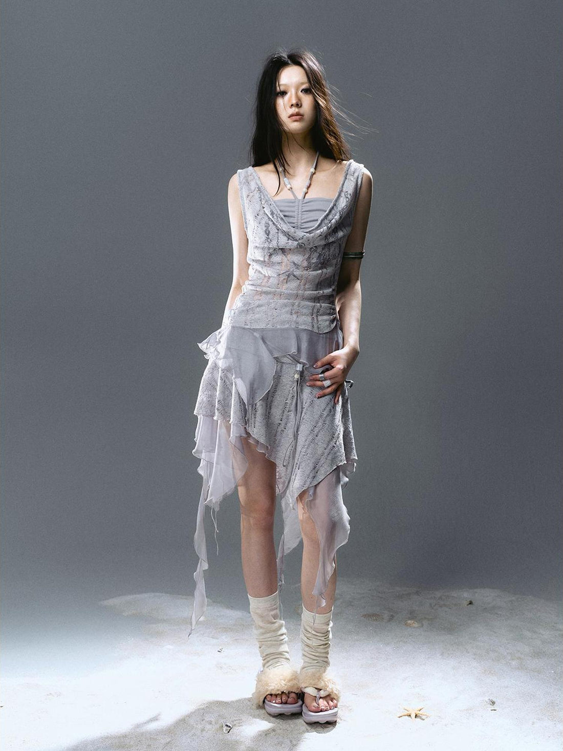 Cest Nous Irregular Hemline Denim Skirt With Beaded Lace For Women