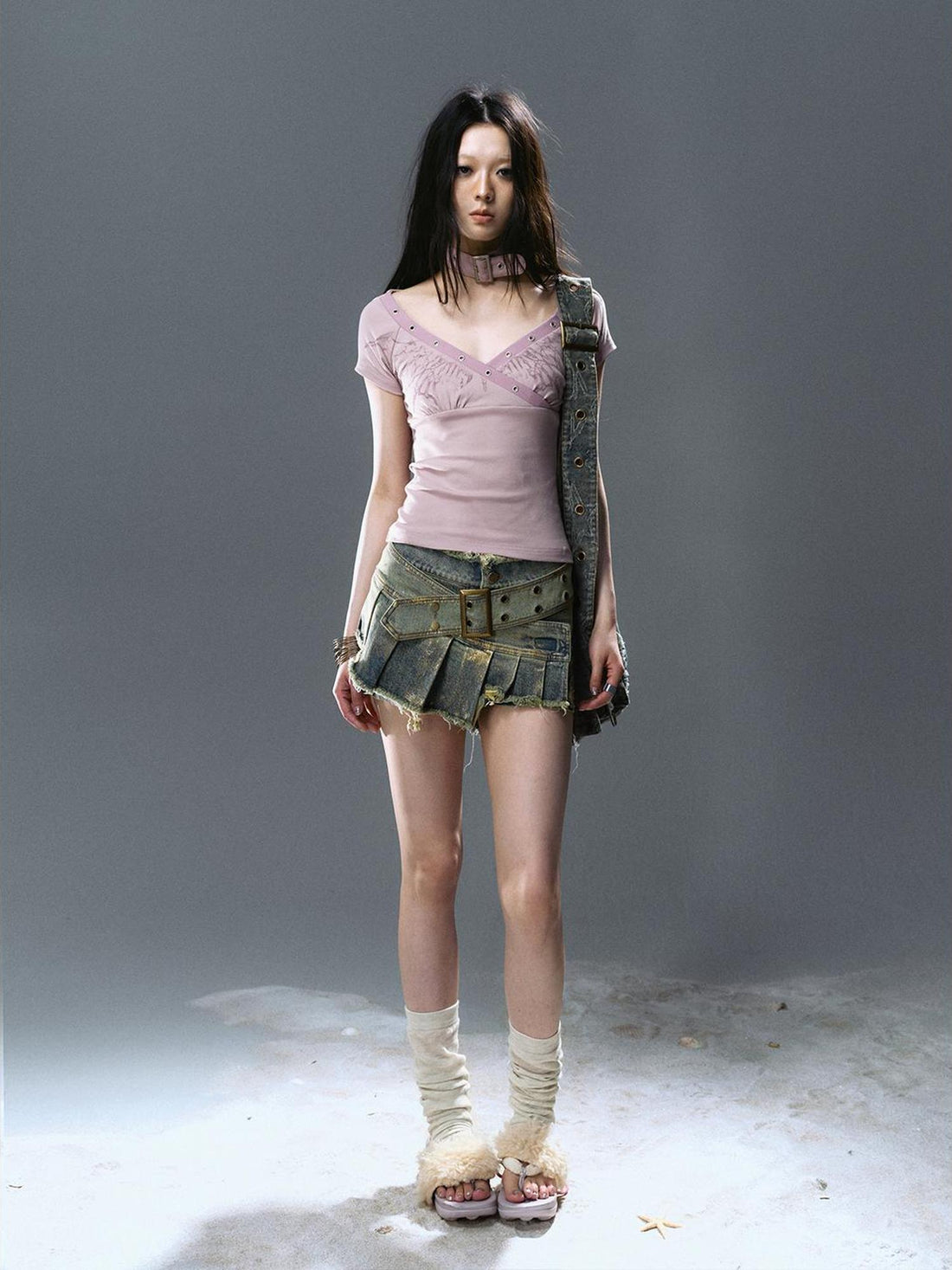 Cest Nous Irregular Patchwork Gold Foil Frayed Denim Skirt Pants Women