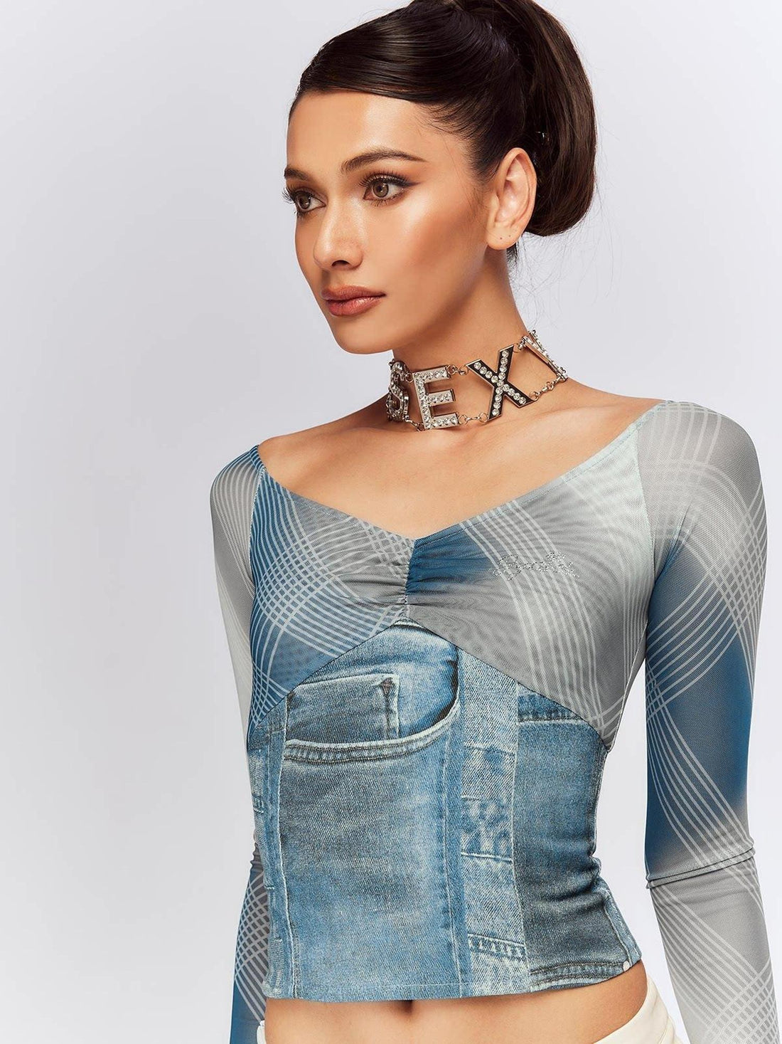 JYOSEI 100 Percent Cotton Patchwork Urban Slim V-ceck Long Sleeve Blue Women T-Shirt