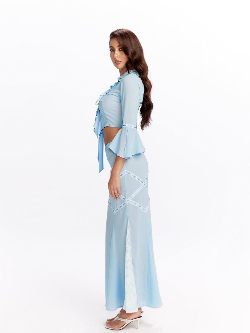 JYOSEI 96 Percent Polyester Two Piece V-ceck Women Blouse Skirt Suits