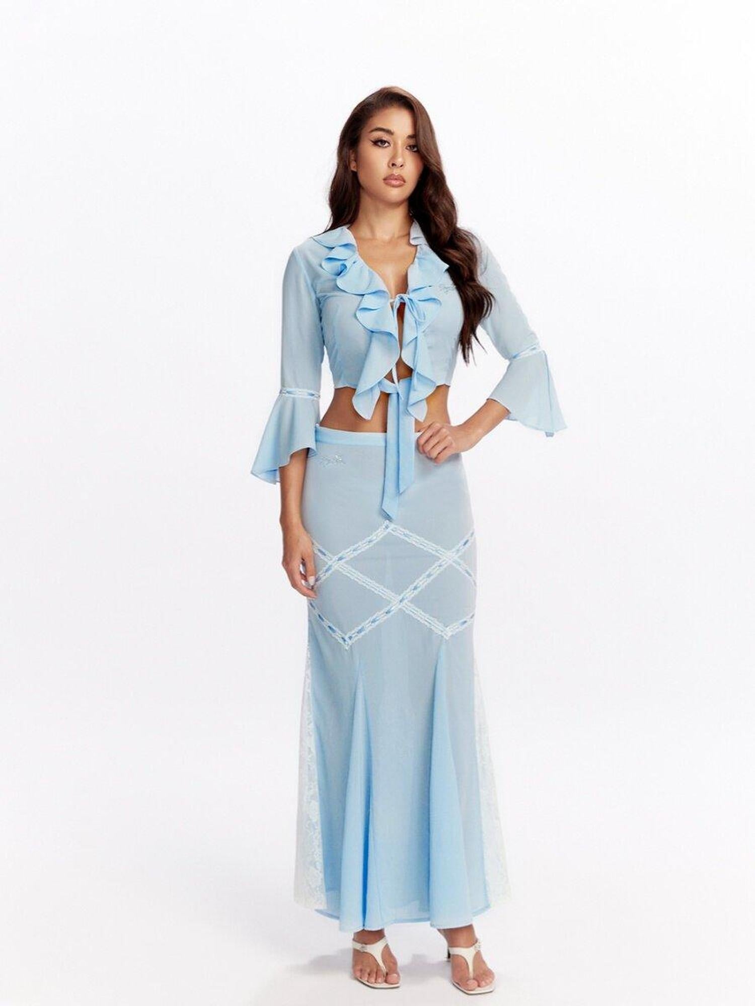 JYOSEI 96 Percent Polyester Two Piece V-ceck Women Blouse Skirt Suits