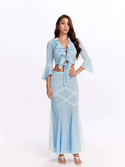 JYOSEI 96 Percent Polyester Two Piece V-ceck Women Blouse Skirt Suits