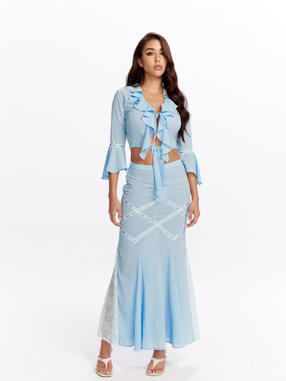 JYOSEI 96 Percent Polyester Two Piece V-ceck Women Blouse Skirt Suits