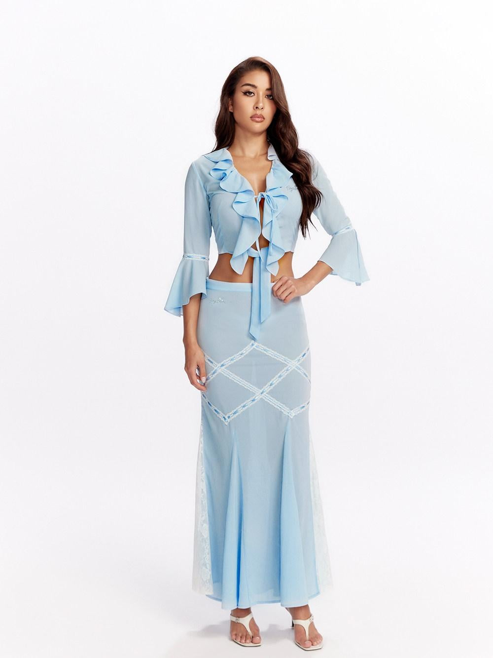 JYOSEI 96 Percent Polyester Two Piece V-ceck Women Blouse Skirt Suits