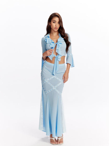 JYOSEI 96 Percent Polyester Two Piece V-ceck Women Blouse Skirt Suits