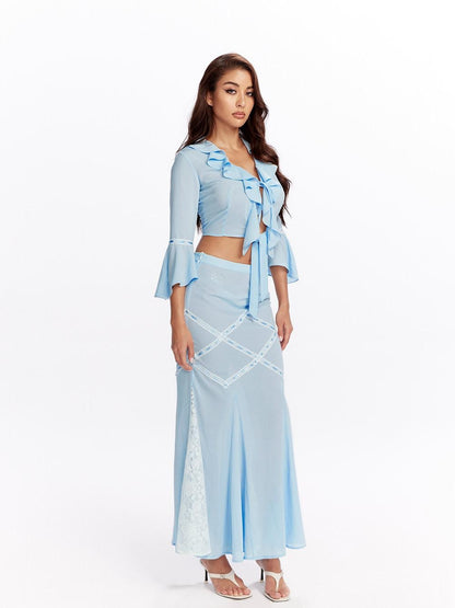 JYOSEI 96 Percent Polyester Two Piece V-ceck Women Blouse Skirt Suits