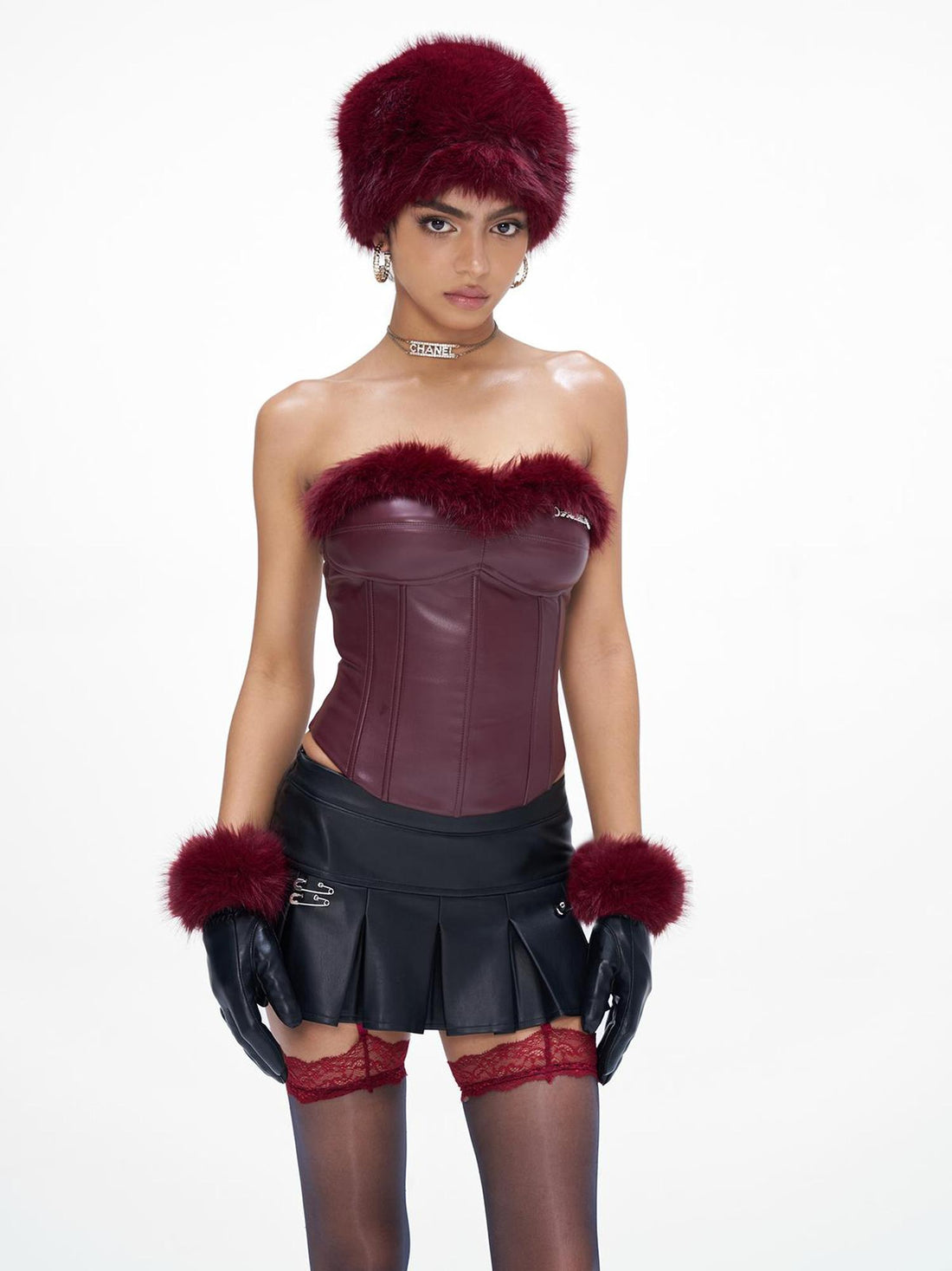 JYOSEI Angora Fishbone Bustier Top With Red And Black Fur Trim
