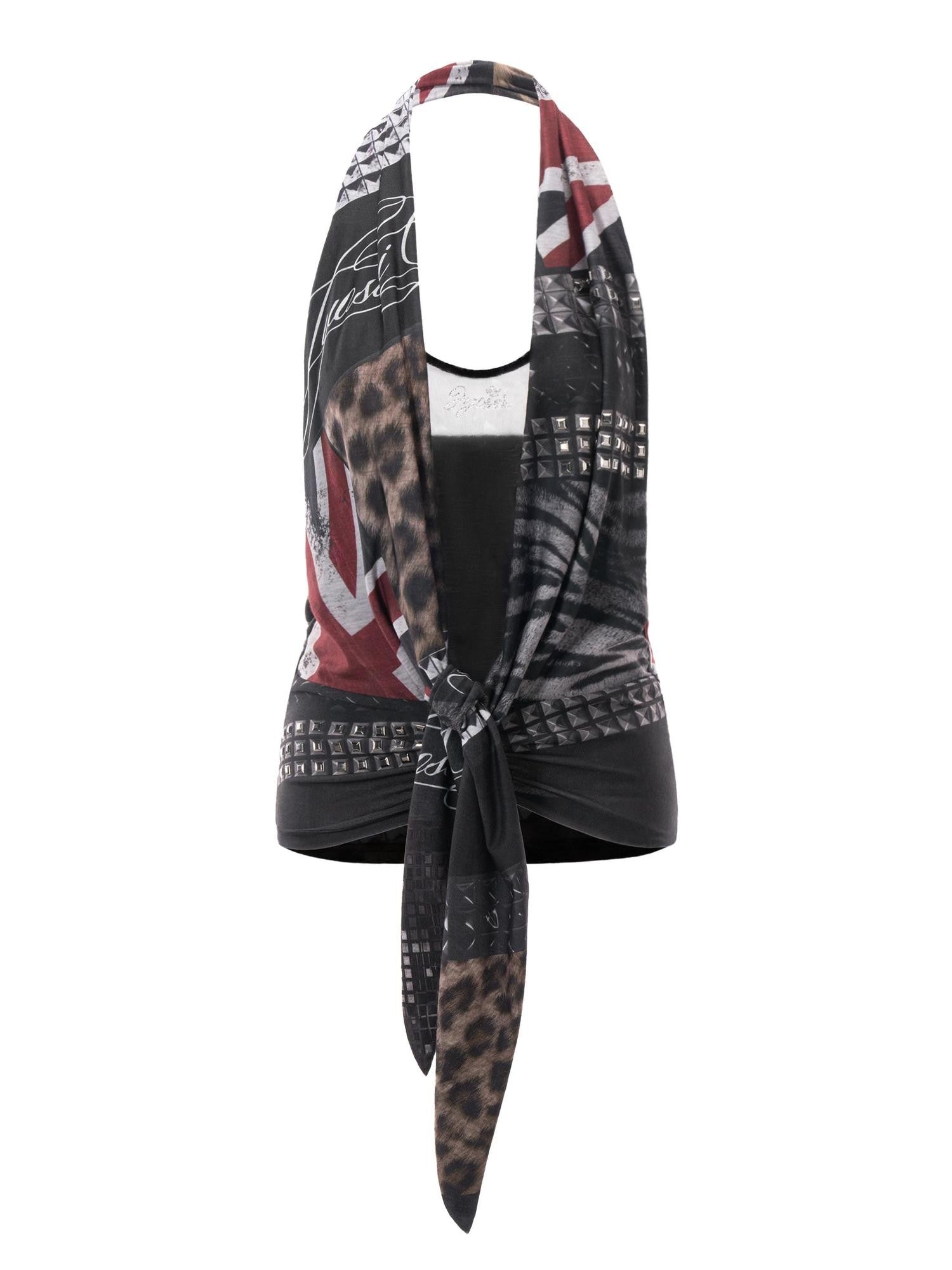 JYOSEI Animal Print Union Jack Patchwork Studded Tie Back Women&