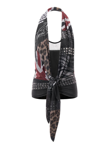 JYOSEI Animal Print Union Jack Patchwork Studded Tie Back Women&