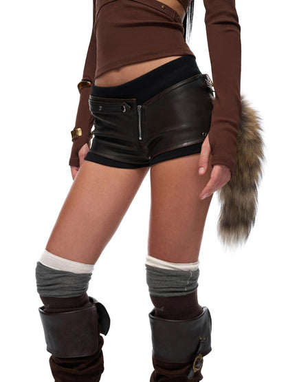 JYOSEI Asymmetric Distressed Low Waist Slim Pu Washed Black Brown Casual Shorts
