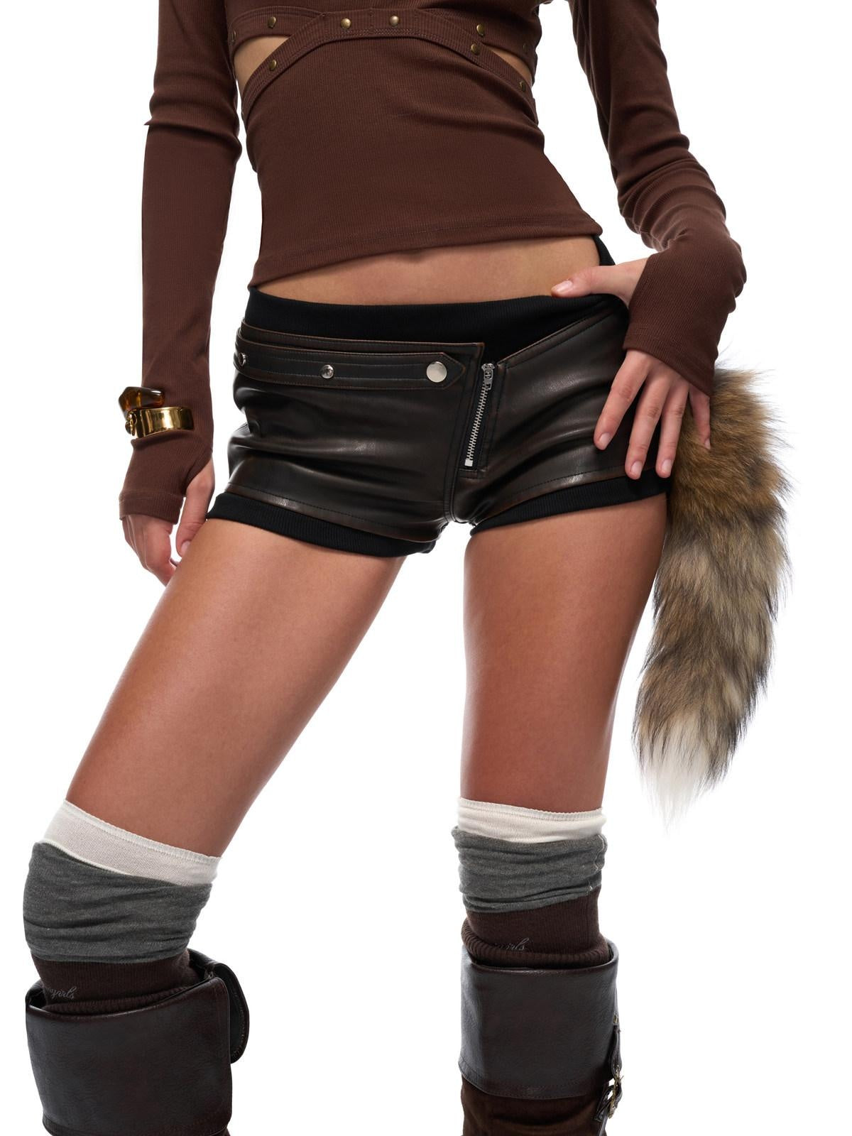 JYOSEI Asymmetric Distressed Low Waist Slim Pu Washed Black Brown Casual Shorts