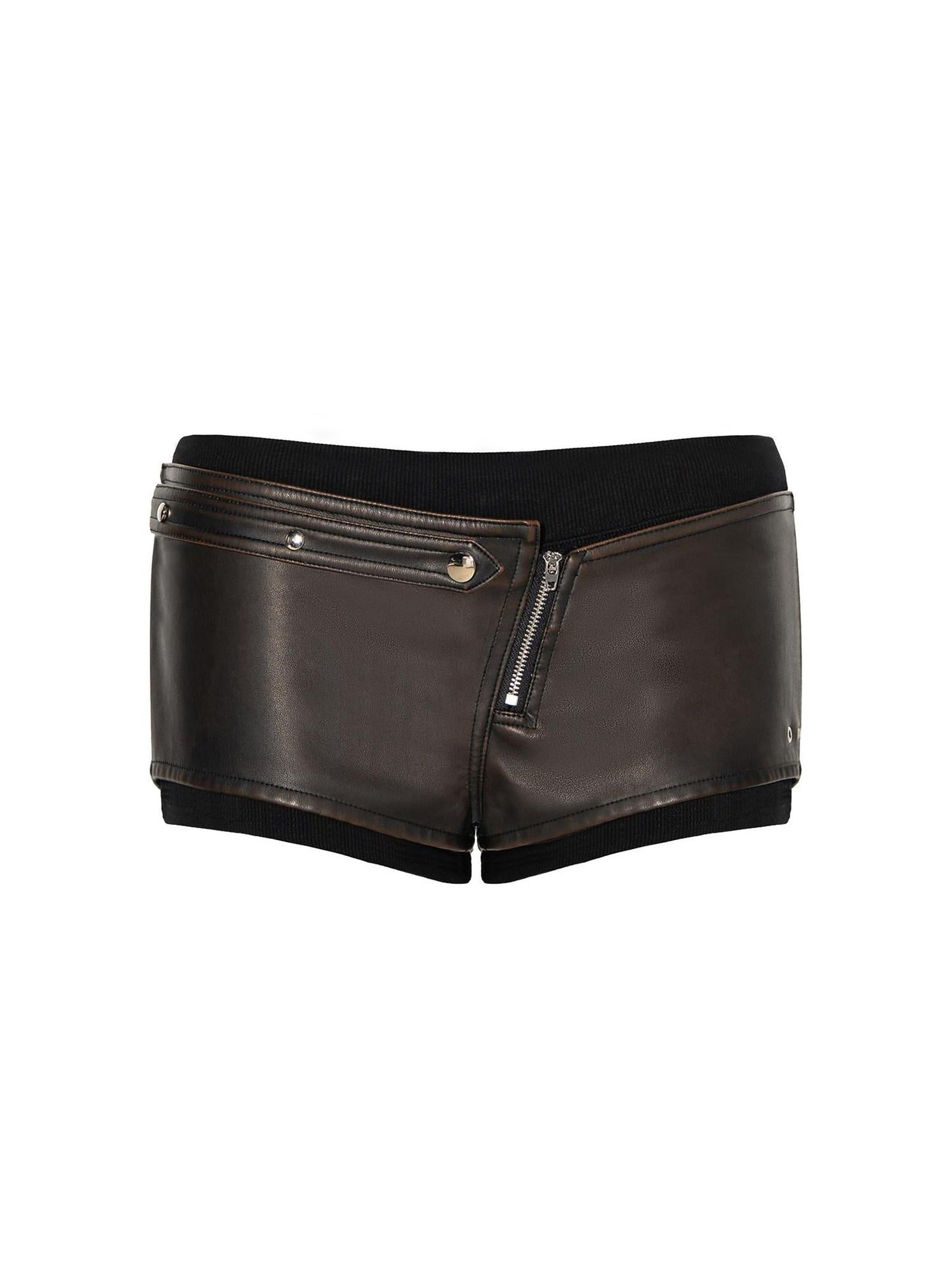 JYOSEI Asymmetric Distressed Low Waist Slim Pu Washed Black Brown Casual Shorts