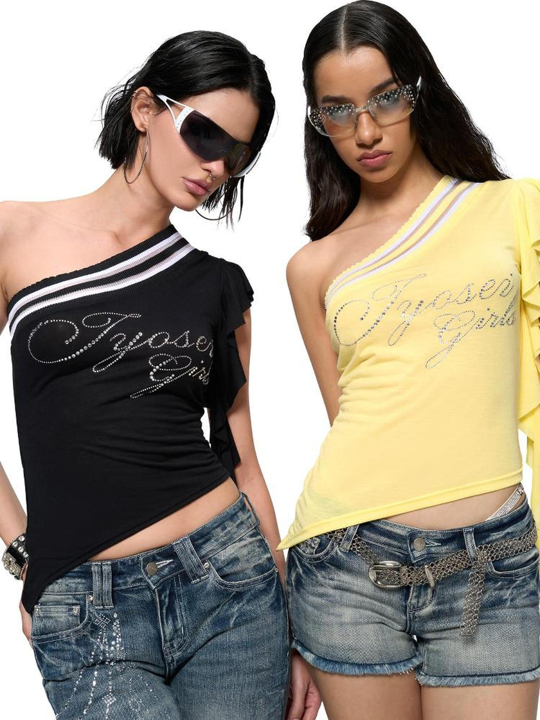 JYOSEI Asymmetric Rhinestone Hem Flutter Sleeve T Shirt