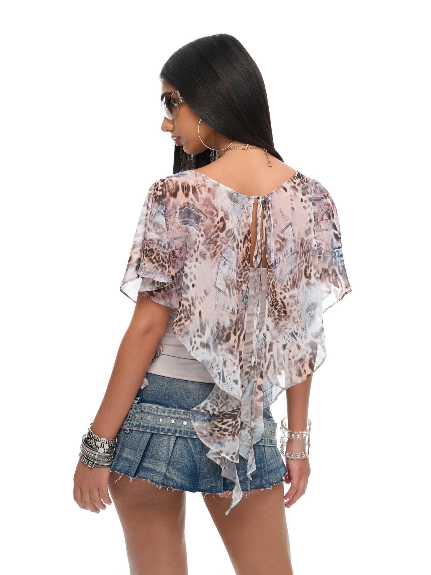 JYOSEI Asymmetric Ruffle Leopard Print Studded Fake Two Piece Women&