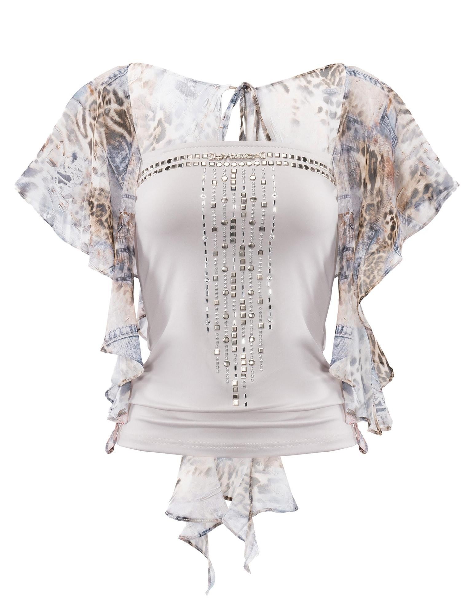 JYOSEI Asymmetric Ruffle Leopard Print Studded Fake Two Piece Women&