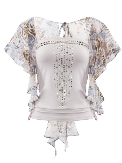 JYOSEI Asymmetric Ruffle Leopard Print Studded Fake Two Piece Women&