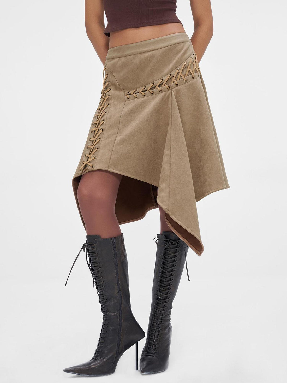 JYOSEI Asymmetric Suede Lace Up Midi Skirt In Light Brown
