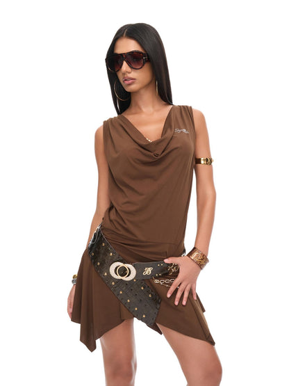 JYOSEI Asymmetrical Gold Chain Open Back Ruching Women&