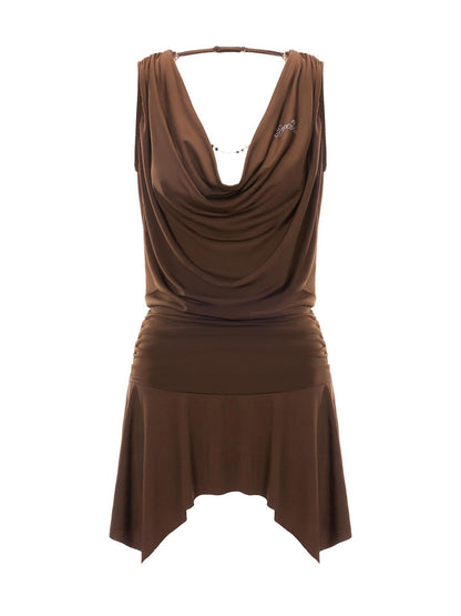 JYOSEI Asymmetrical Gold Chain Open Back Ruching Women&
