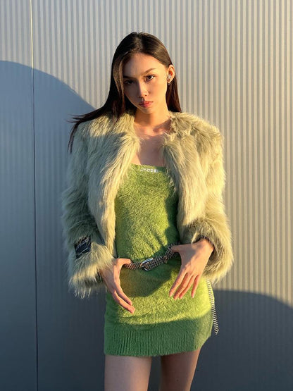 JYOSEI Avocado Green Faux Fur Cropped Winter Coat