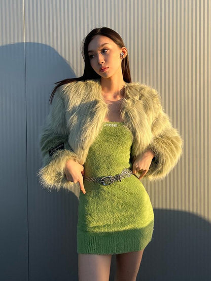 JYOSEI Avocado Green Faux Fur Cropped Winter Coat