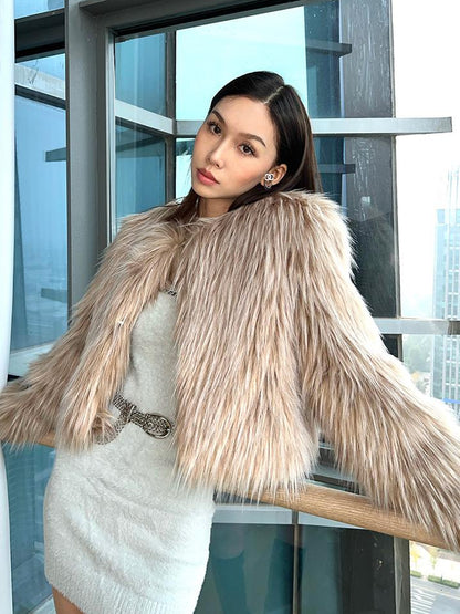JYOSEI Avocado Green Faux Fur Cropped Winter Coat
