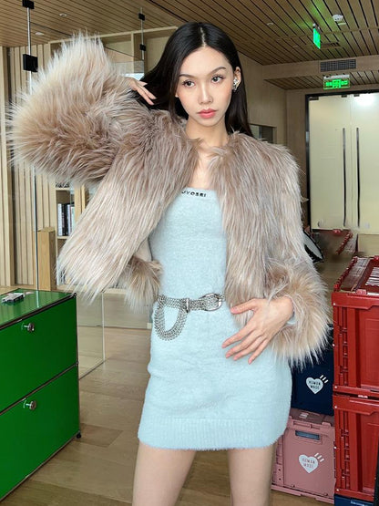 JYOSEI Avocado Green Faux Fur Cropped Winter Coat