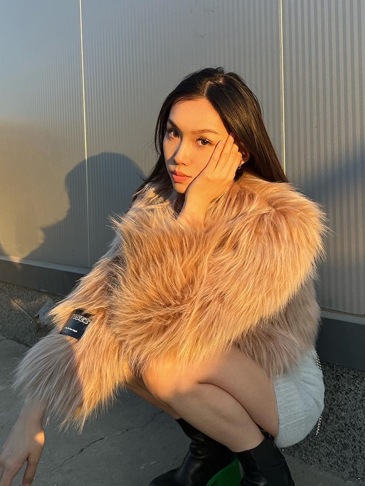 JYOSEI Avocado Green Faux Fur Cropped Winter Coat