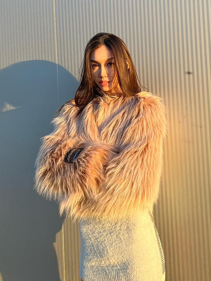 JYOSEI Avocado Green Faux Fur Cropped Winter Coat
