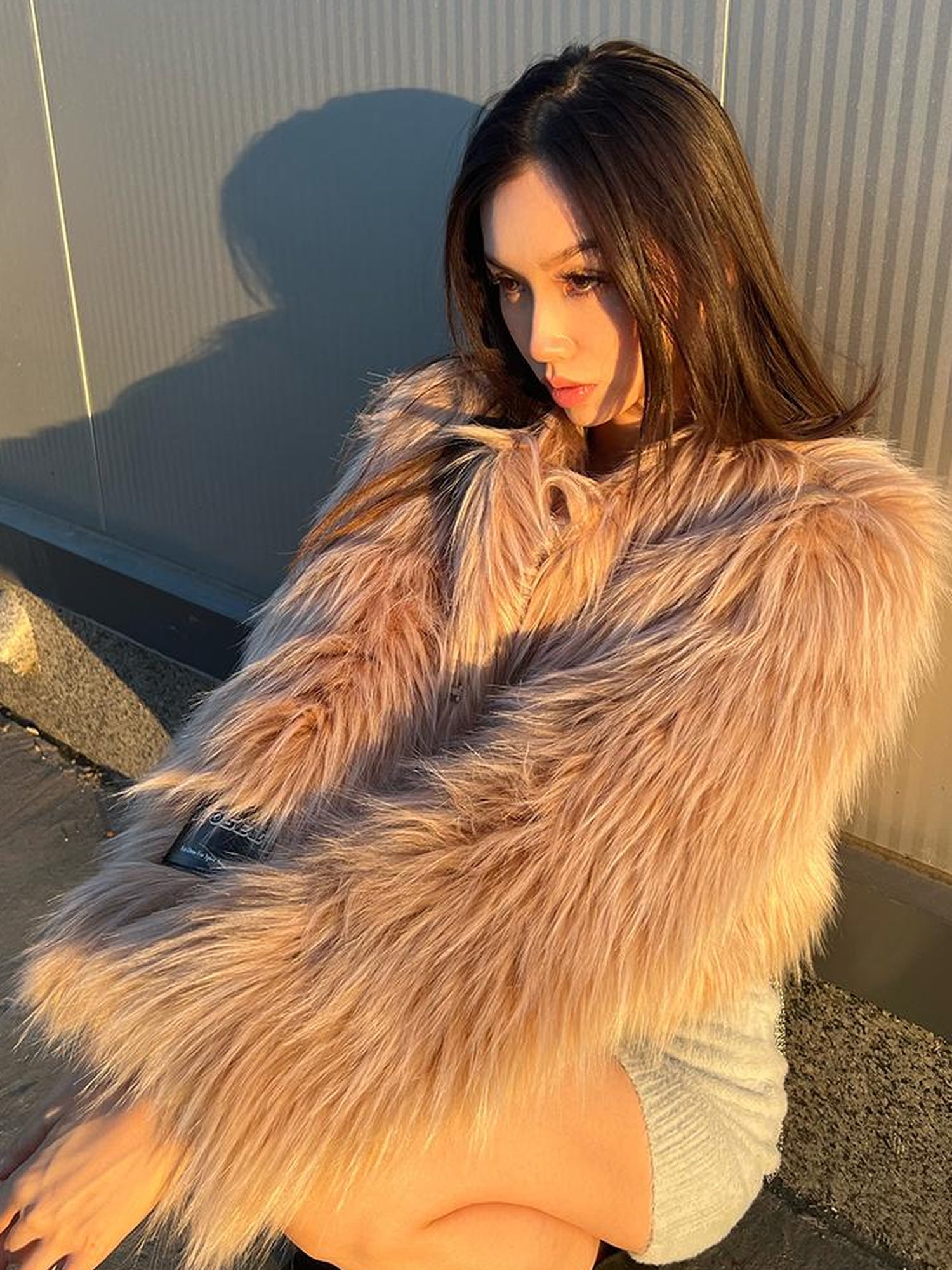 JYOSEI Avocado Green Faux Fur Cropped Winter Coat