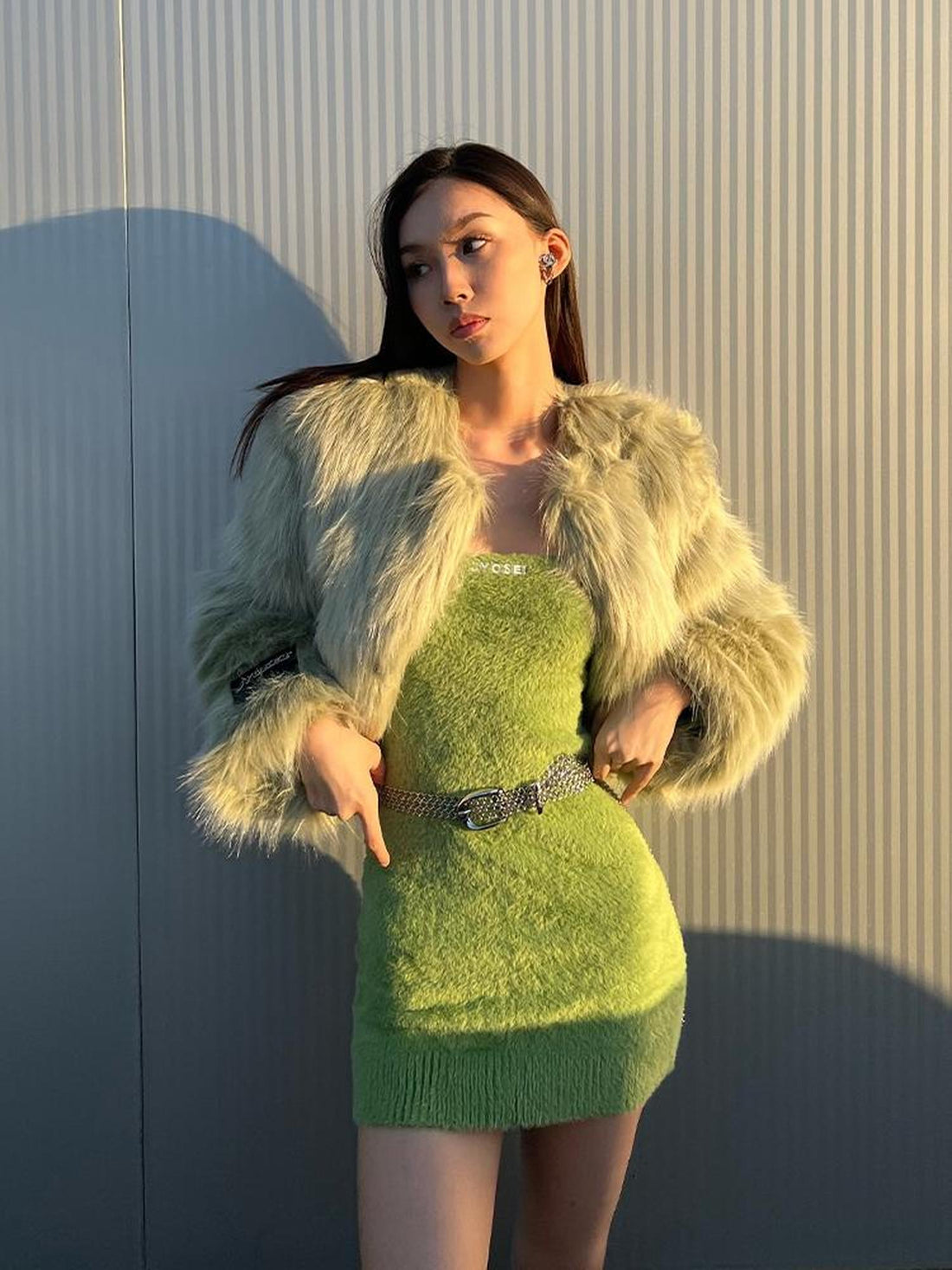 JYOSEI Avocado Green Faux Fur Cropped Winter Coat