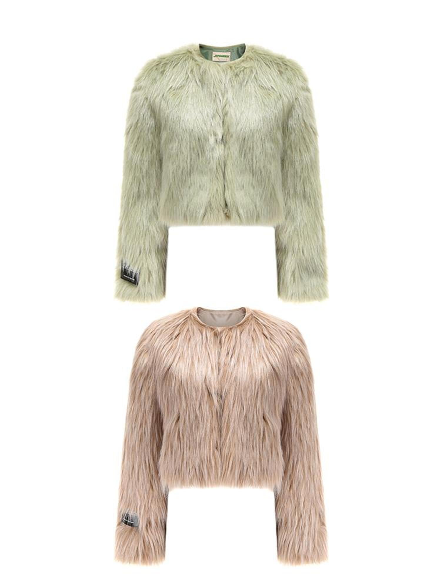 JYOSEI Avocado Green Faux Fur Cropped Winter Coat